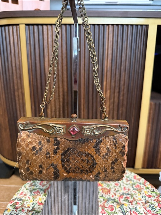 Handbags - Brown Snake-Scale Chain-Handle Evening Clutch with Bronze Hardware